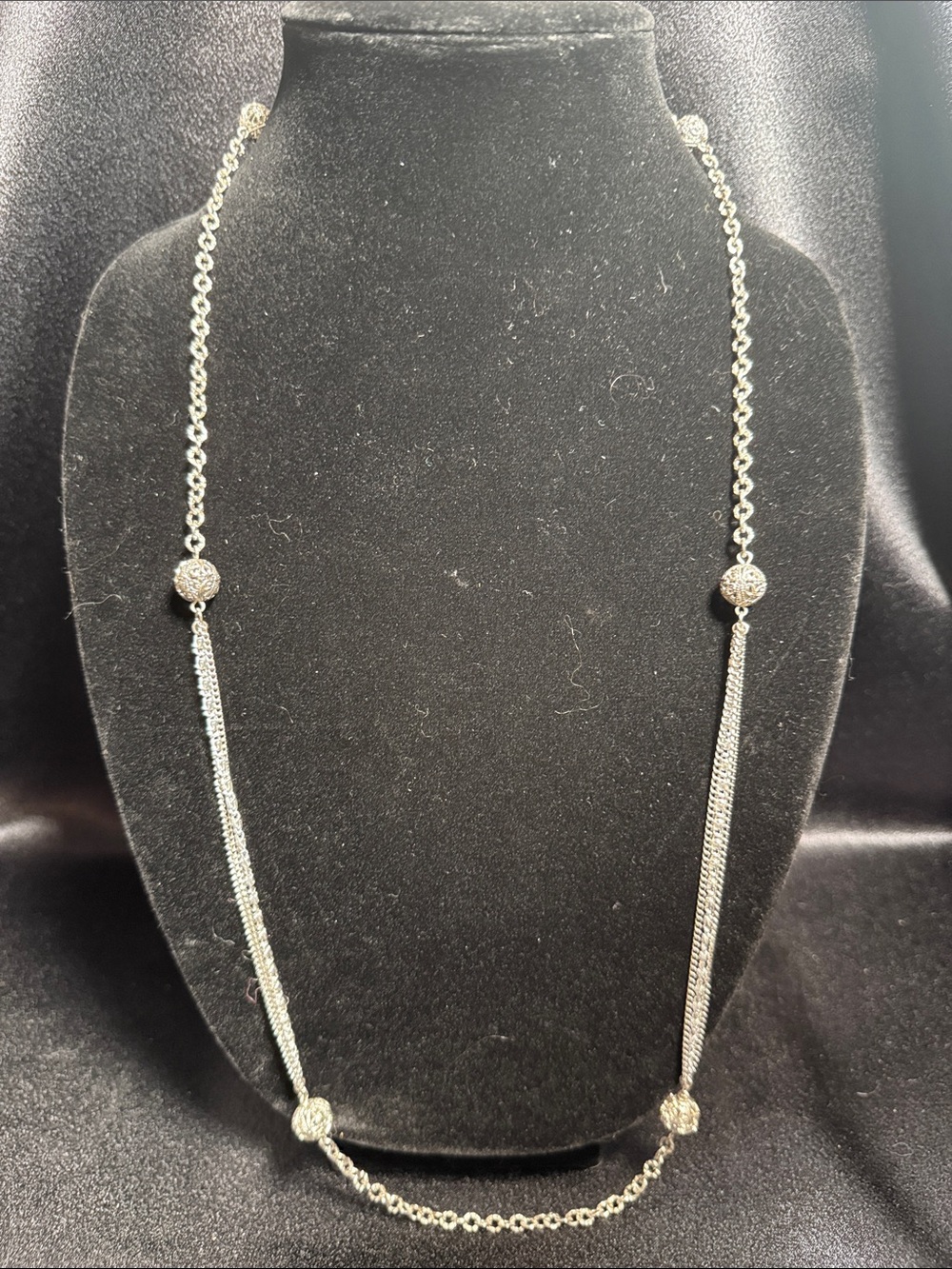 Vintage Silver Long Station Necklace with Pave Bead Accents